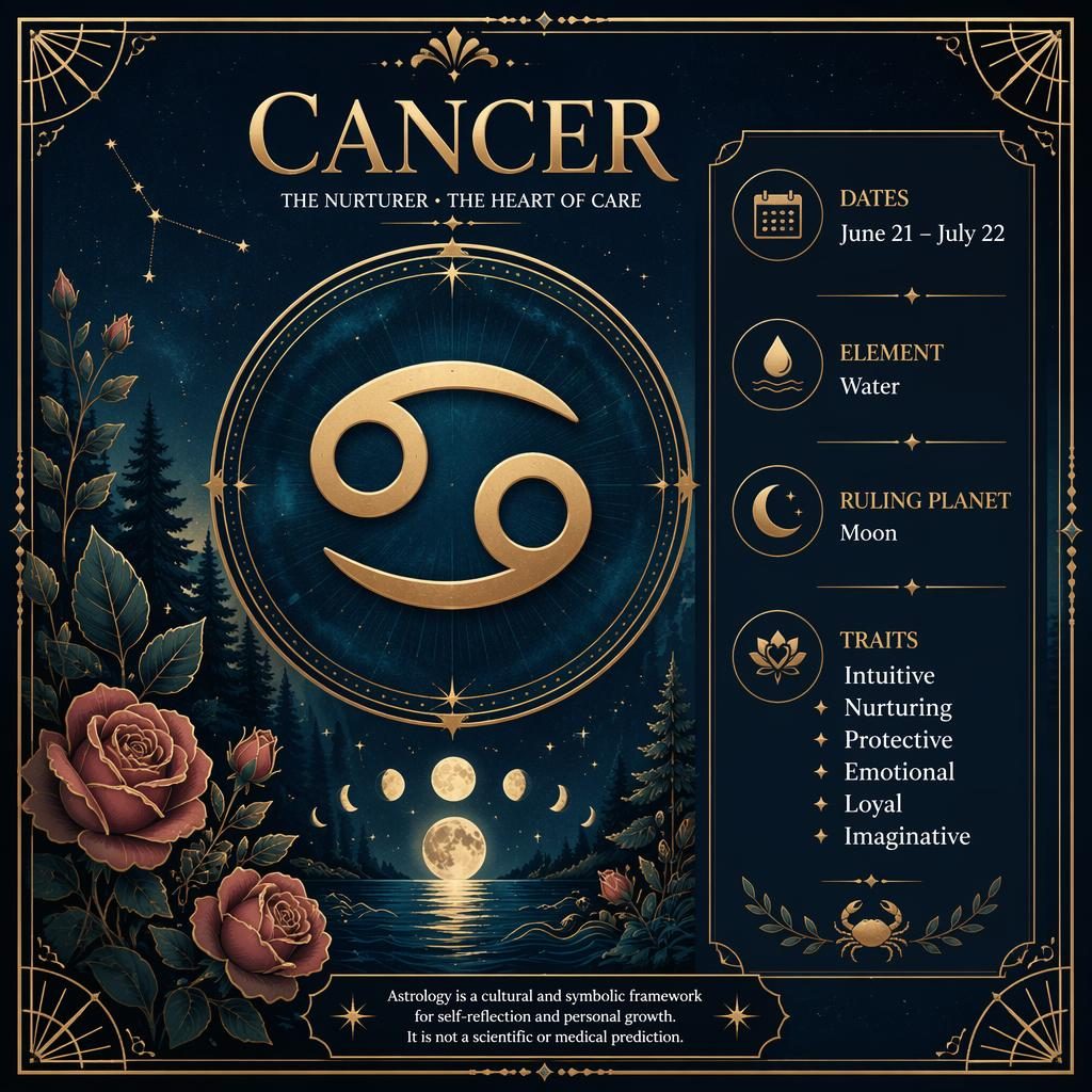 Infografía de Cáncer con glifo central, fechas, elemento agua, luna regente y rasgos en inglés sobre fondo azul y dorado