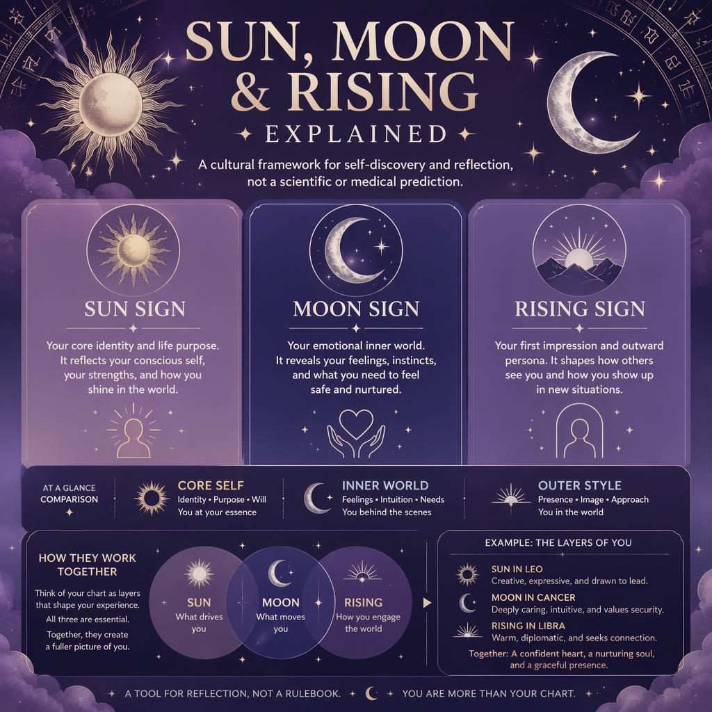 Infografía editorial de astrología en tres paneles con Sol, Luna y Ascendente, paleta morado profundo y plata, estrellas y lunas.