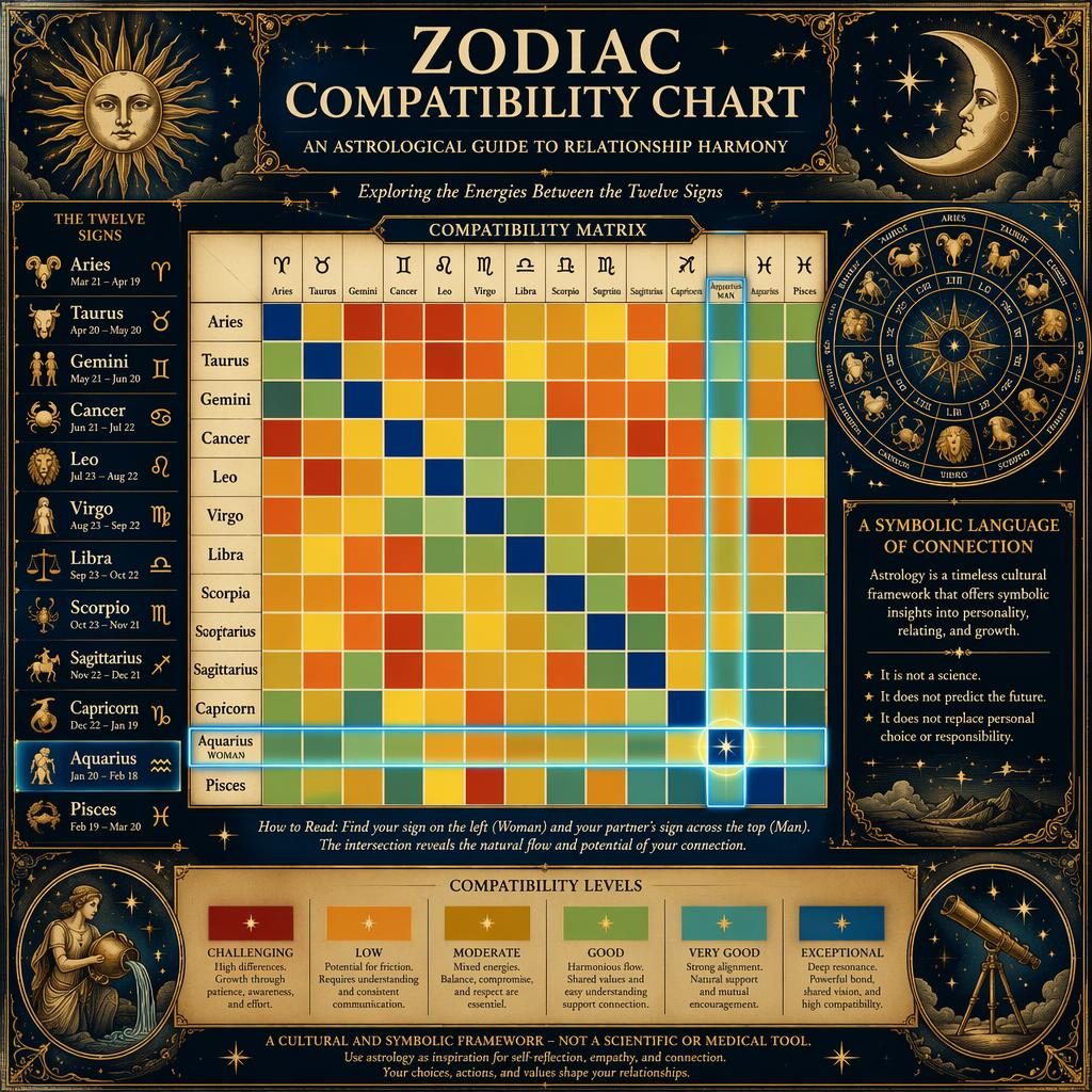 Infografía vintage de compatibilidad zodiacal 12x12 con foco en mujer Acuario y hombre Acuario, tonos azul y dorado.