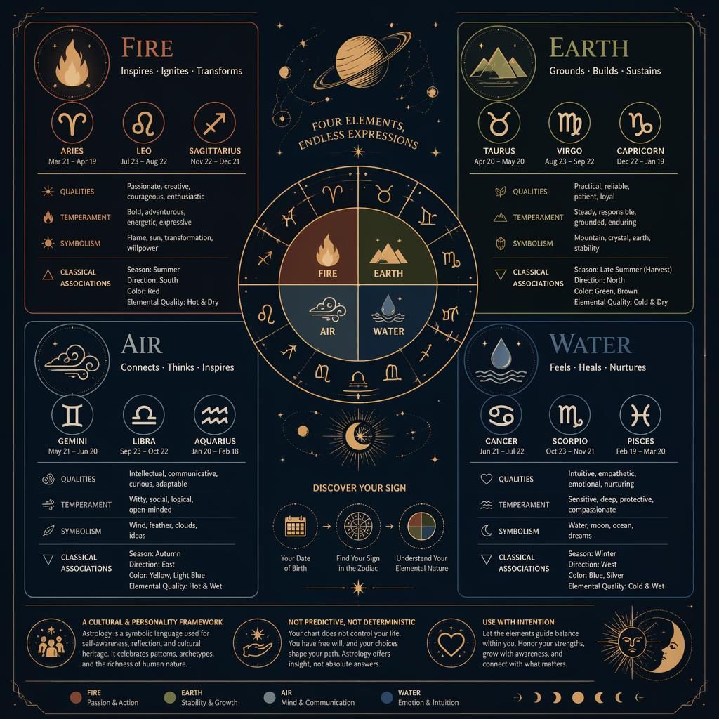 Deep blue and gold zodiac infographic with four sections for Fire, Earth, Air, and Water, icons, zodiac wheel, and stars.