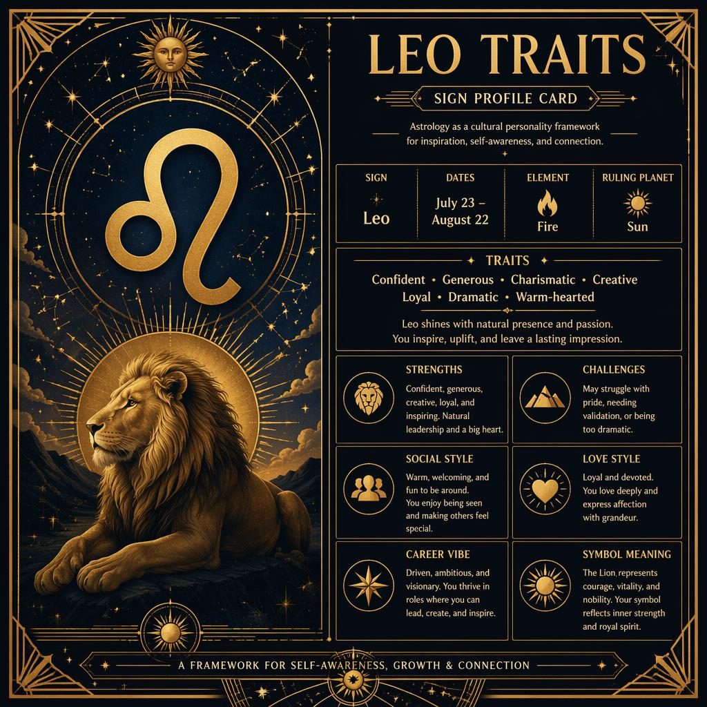 Art deco Leo traits infographic in midnight blue and gold with Leo glyph, dates, fire element, Sun ruler, and trait panels.