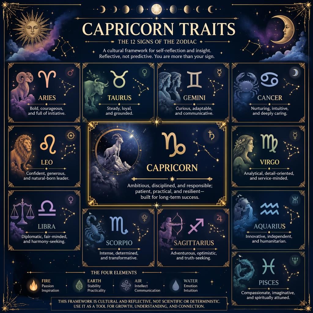 12-panel zodiac infographic with Capricorn highlighted, gold glyphs, deep blue background, stars, moon phases, and pastel nebula accents.