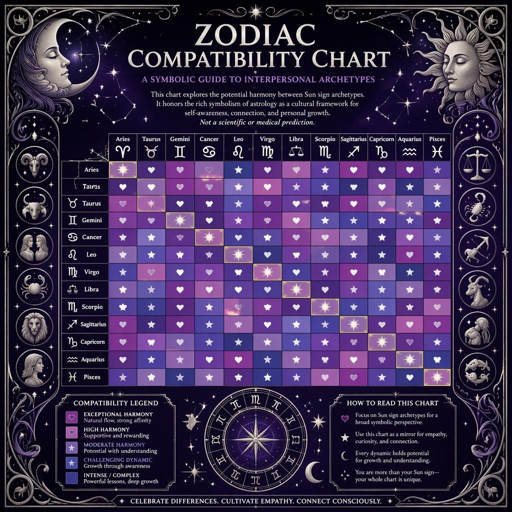 Infographie tableau zodiaque 12×12 avec matrice de compatibilité, palette violet profond et argent, motifs célestes.