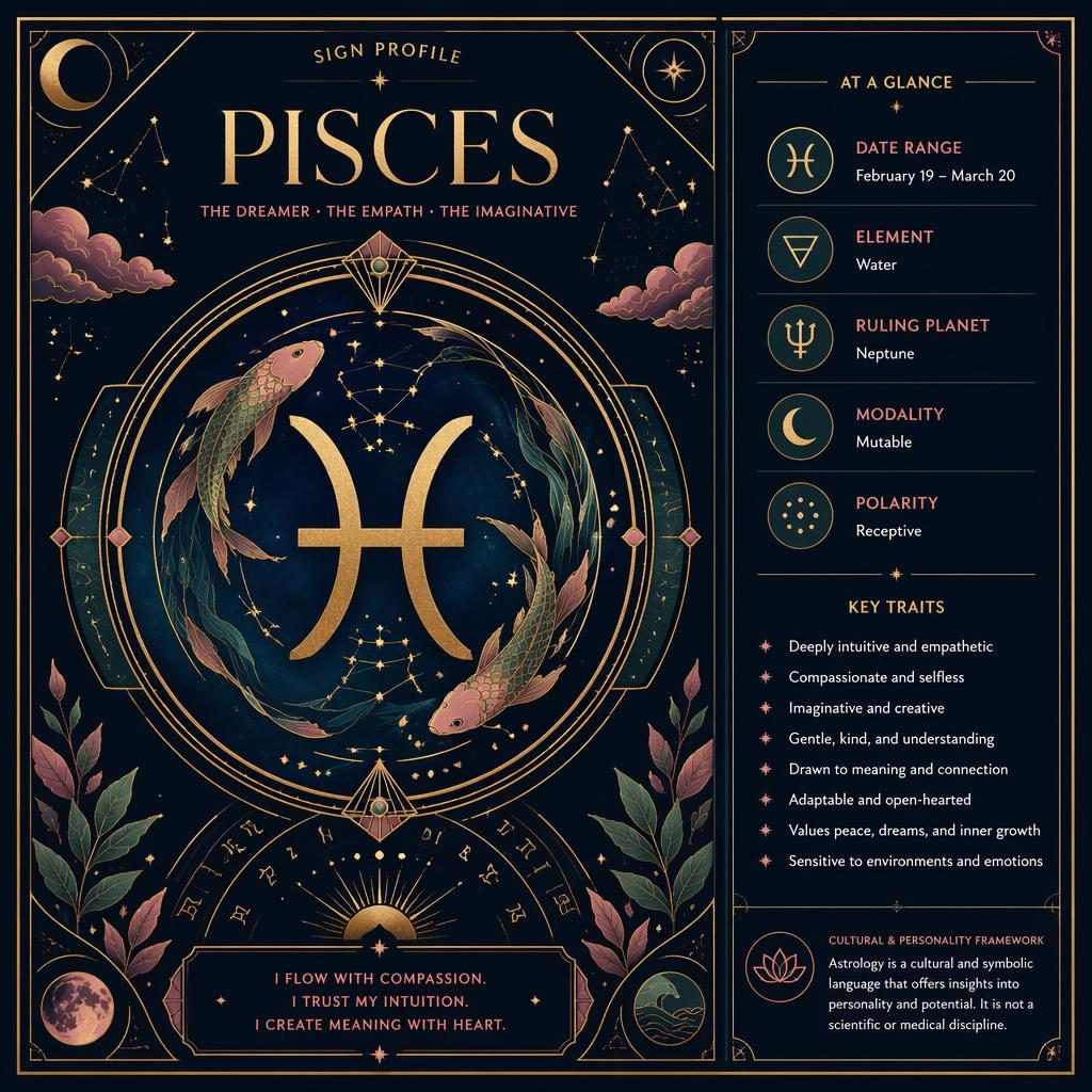Art Deco Pisces Traits zodiac profile card with Pisces glyph, celestial frame, star map, moon motifs, and blue gold palette.