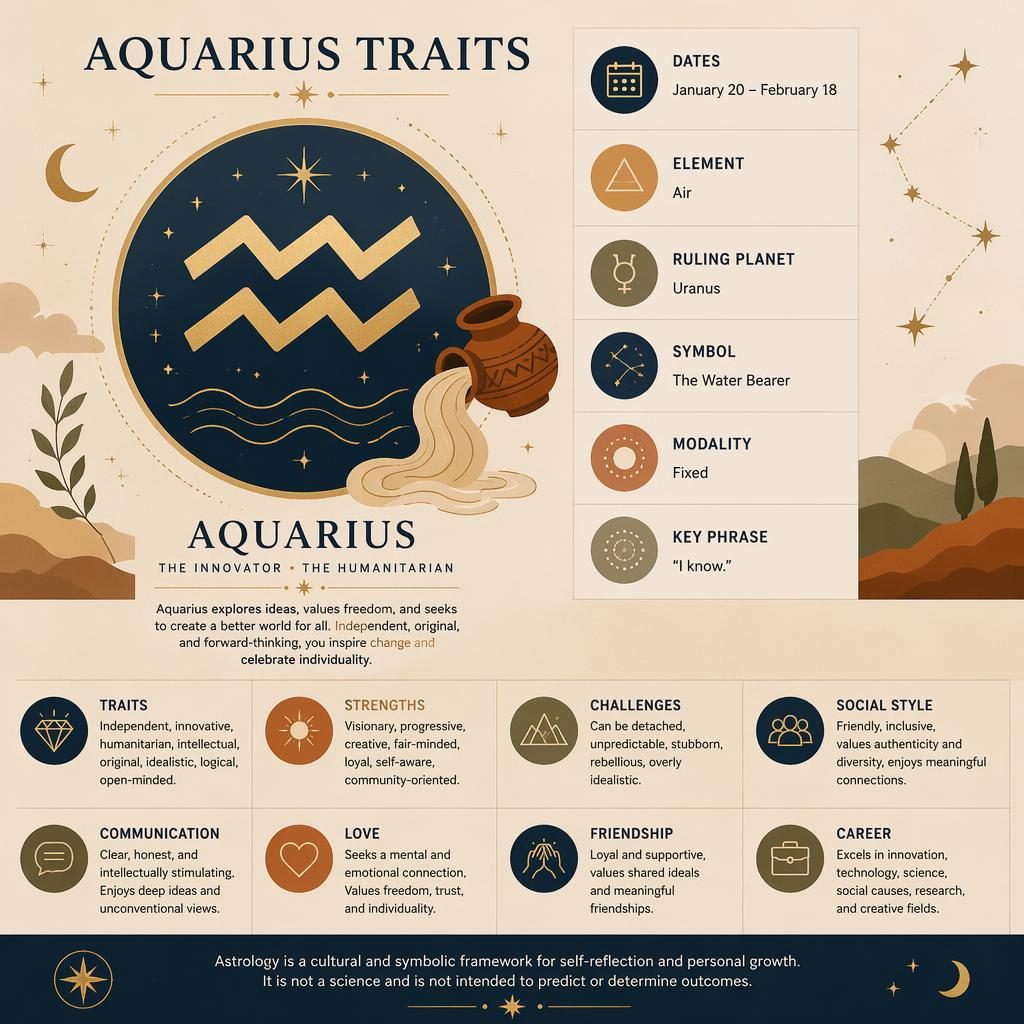 Warm earth-tone Aquarius traits infographic with zodiac glyph, dates, element, ruling planet, traits, and celestial icons
