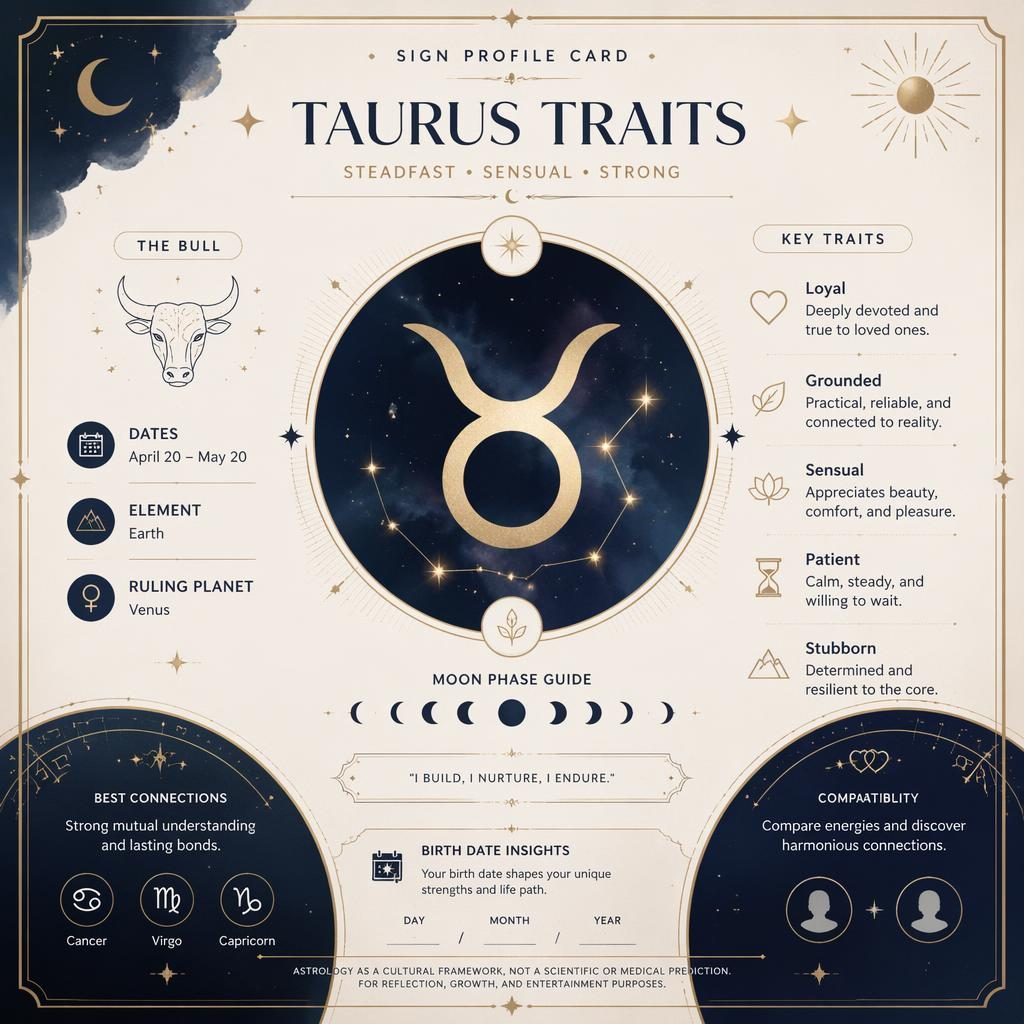 Pastel Taurus traits infographic with centered glyph, constellation lines, April 20–May 20, Earth, Venus, and trait labels.