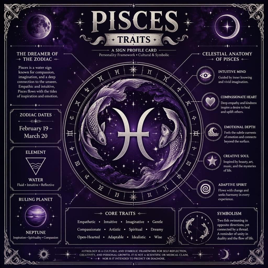Vintage-style Pisces traits infographic with central glyph, celestial callouts, deep purple and silver details.