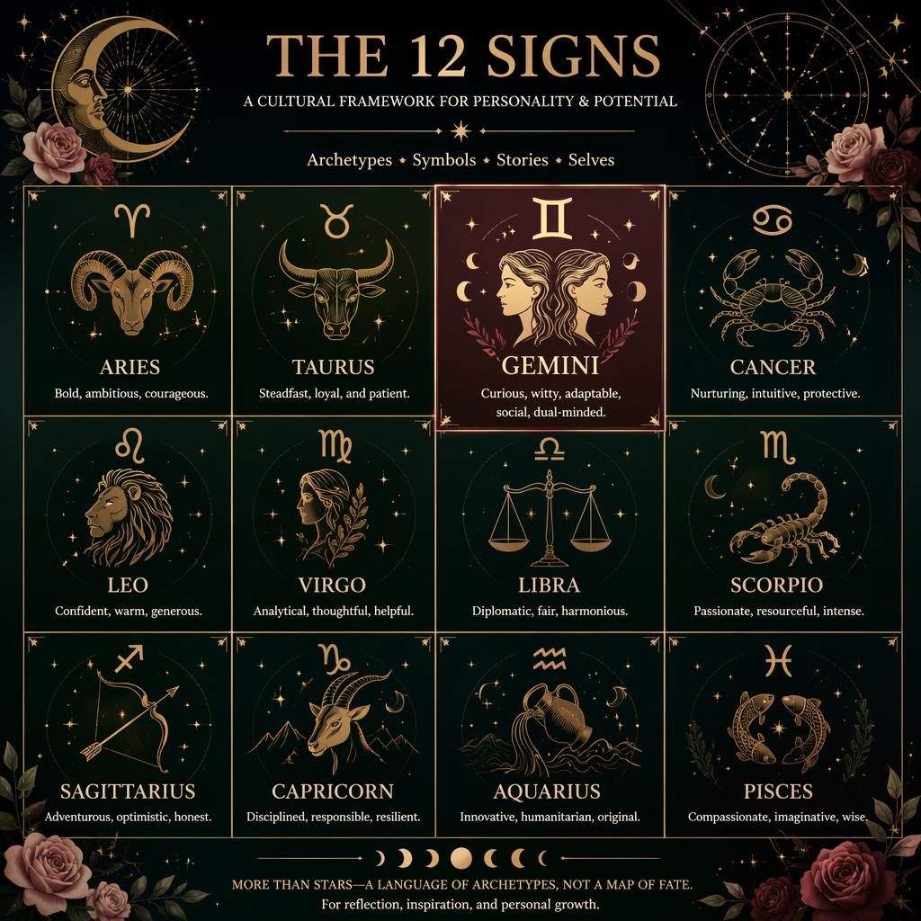 Elegant 12-sign zodiac infographic grid with Gemini highlighted, gold glyphs, constellations, moons, and rose forest tones.