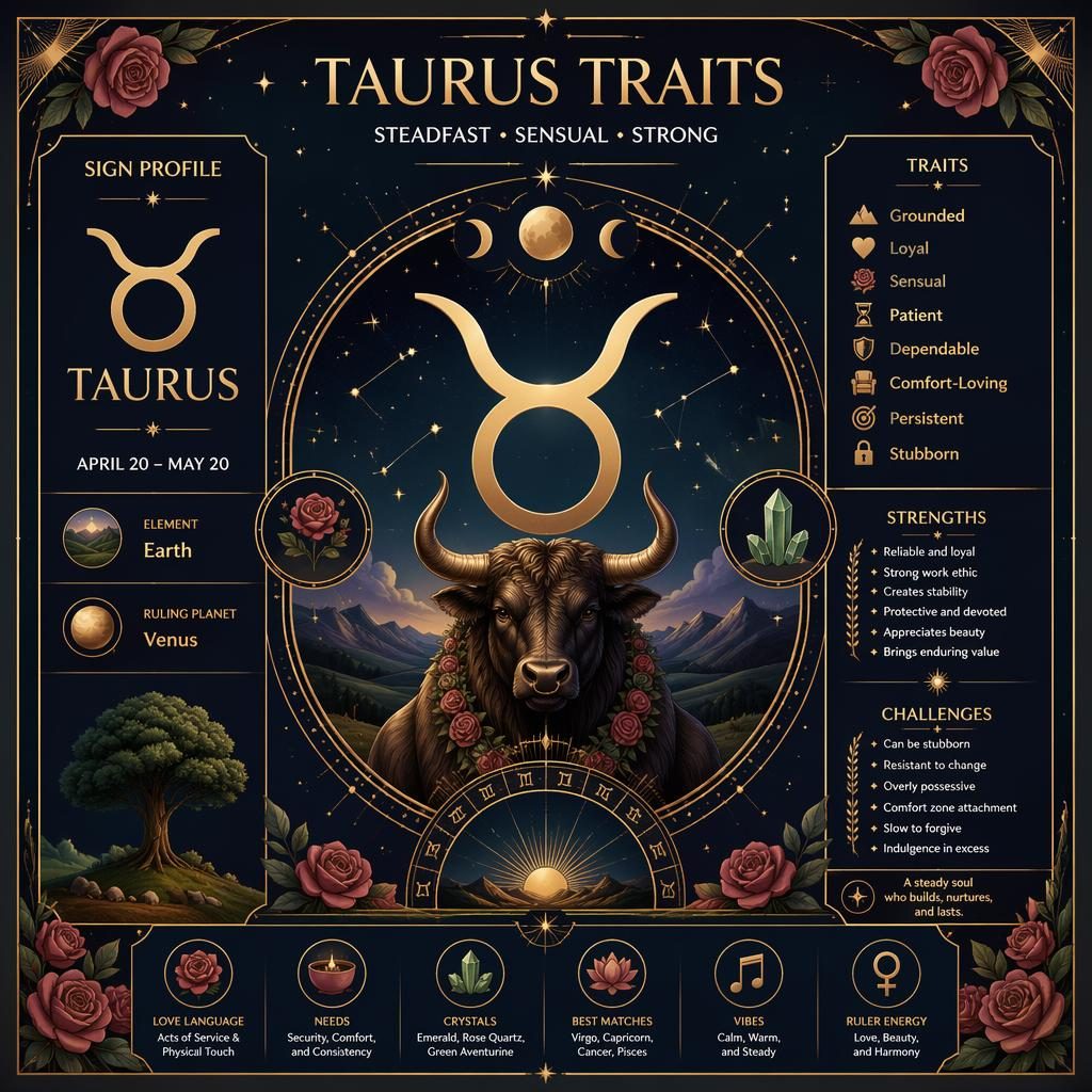 Mystical Taurus traits infographic with gold Taurus glyph, dates, Earth element, Venus, and celestial art deco borders.