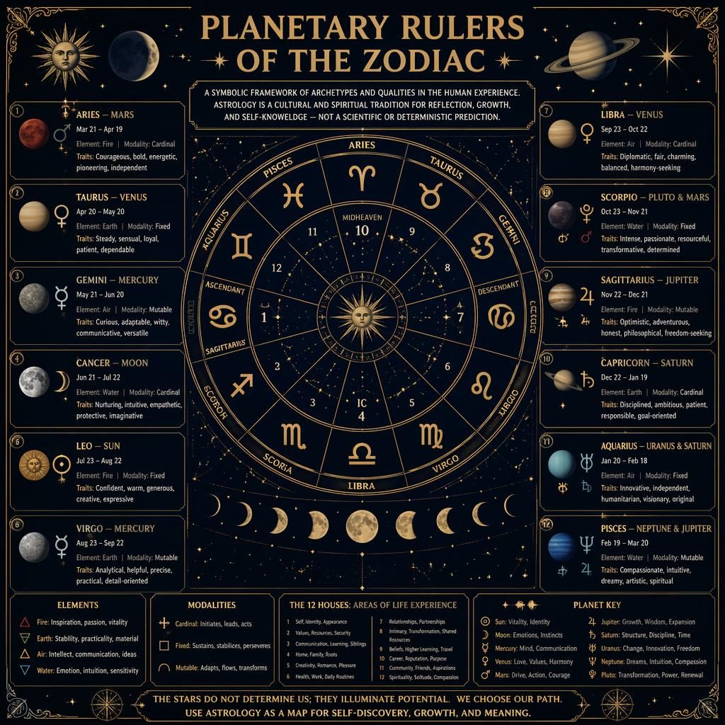 Infografía astrológica vintage con rueda zodiacal central, 12 casas, caligrafía dorada y planetas regentes sobre fondo azul noche.