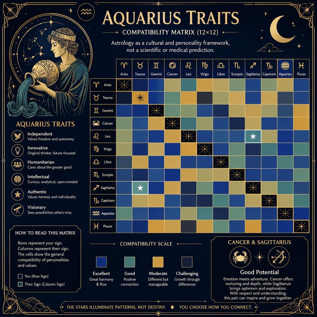 Infografía zodiacal Aquarius Traits con matriz 12x12, Acuario destacado, paleta azul profundo y dorado, estilo art nouveau.