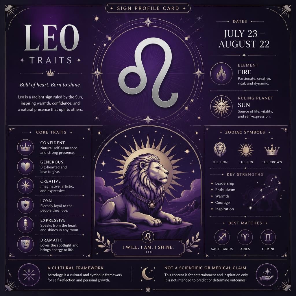 Leo Traits zodiac infographic with Leo glyph, dates, Fire element, Sun ruler, and trait callouts in purple and silver.