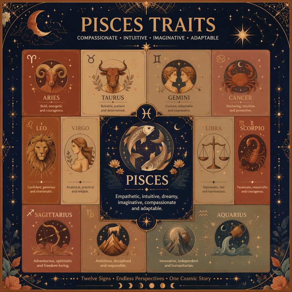Editorial 12-sign zodiac grid infographic with Pisces emphasized, celestial motifs, deep navy, gold, terracotta, and English labels.