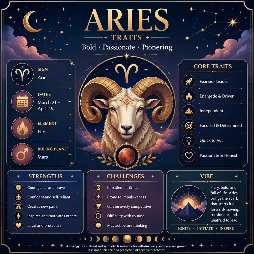 Aries traits infographic with ram motif, Aries glyph, Mars, dates, element, traits, stars, moon phases in blue and gold