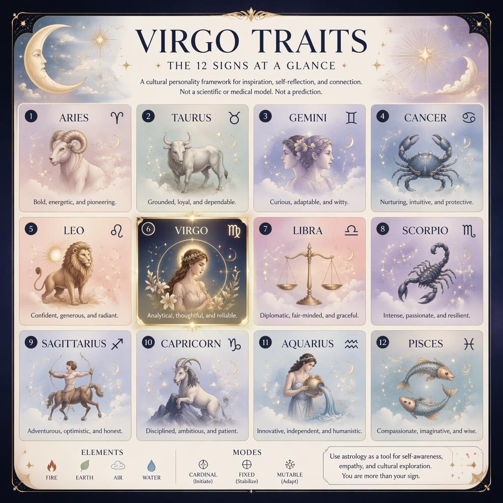 Celestial editorial zodiac infographic in a 3x4 grid showing all 12 signs, with Virgo highlighted in pastel blue and gold.