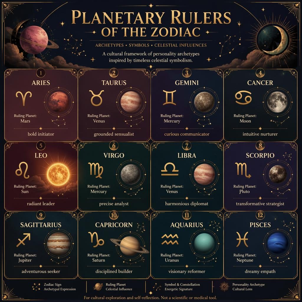 Celestial infographic grid of 12 zodiac signs with glyphs, ruling planets, traits, star maps, orbit lines, and gold accents.