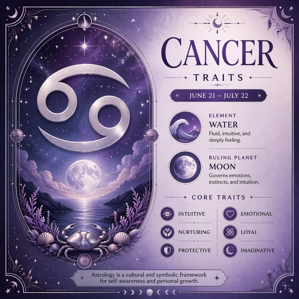Pastel zodiac infographic card for Cancer with glyph, June 21–July 22, Water, Moon, traits, stars, nebula, and moonlit frame.