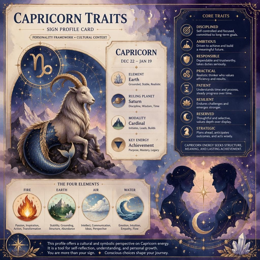Watercolor zodiac infographic showing Capricorn traits, Earth element, Saturn, dates, glyph, and four elements in pastel celestial art.
