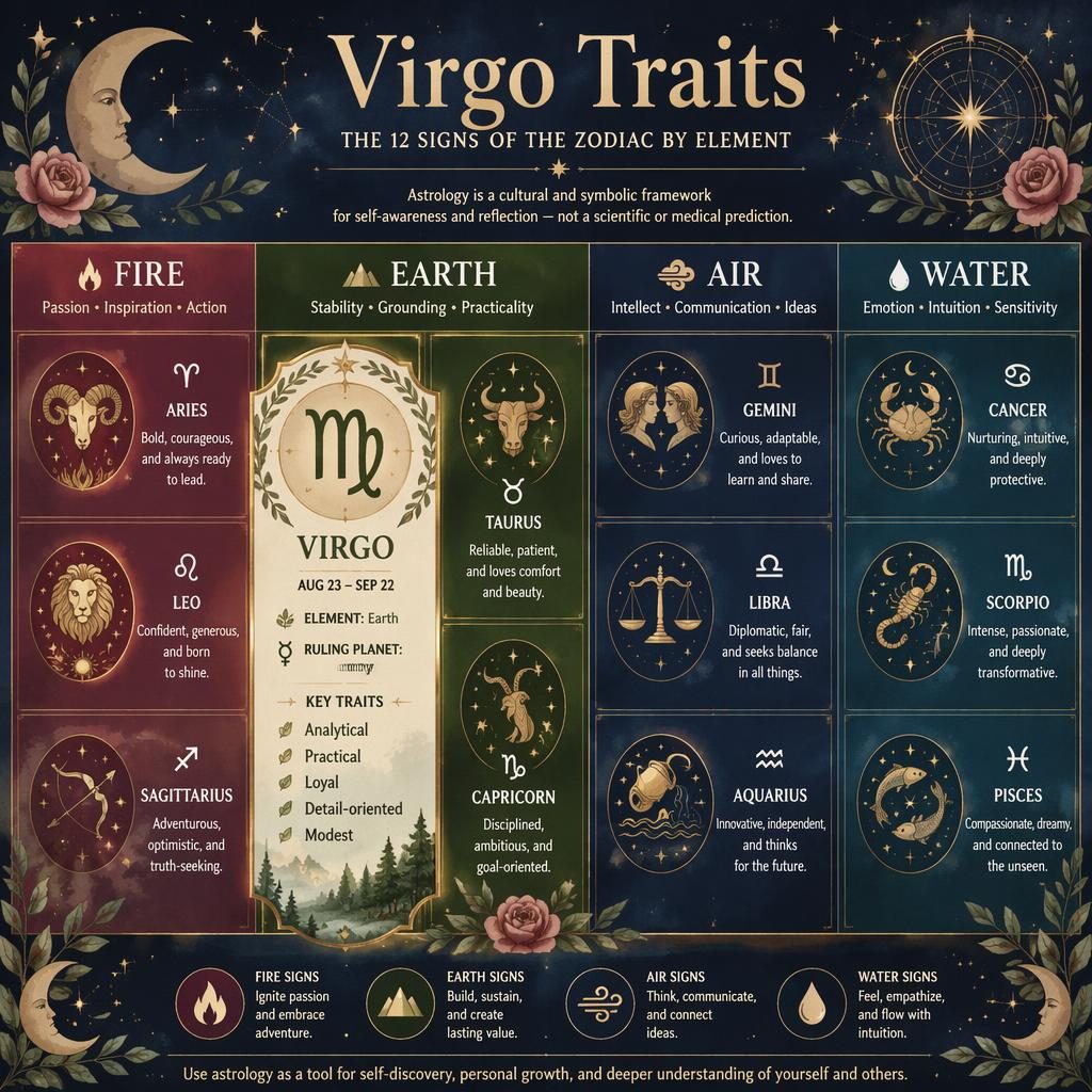 Watercolor zodiac graph infographic showing all 12 signs by element, with Virgo highlighted in the Earth group.