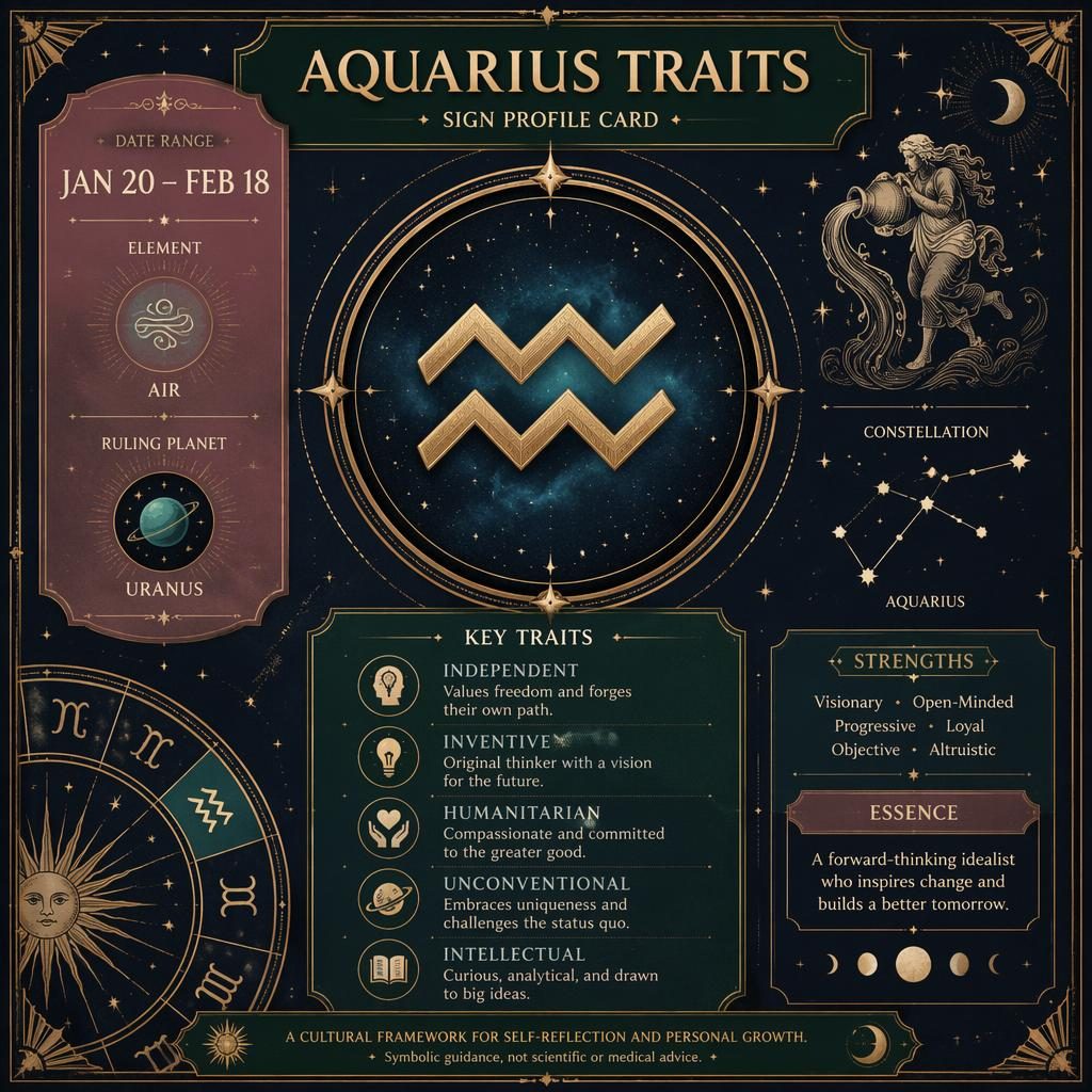 Vintage Aquarius traits infographic with glyph, dates, Air element, Uranus, celestial diagrams, stars, moons, blue and gold.