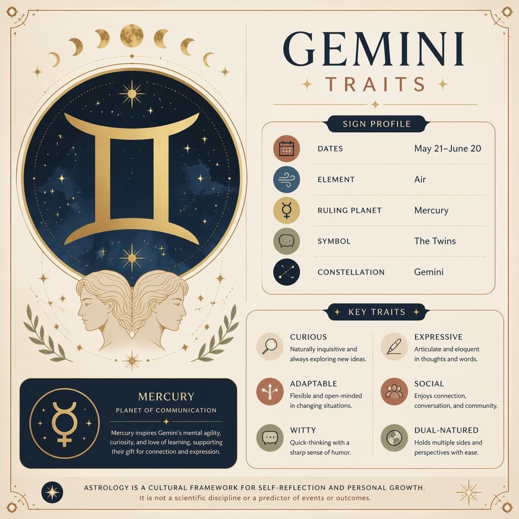 Editorial Gemini traits infographic with Gemini glyph, May 21–June 20, Air, Mercury, stars, moon phases, and warm earth tones