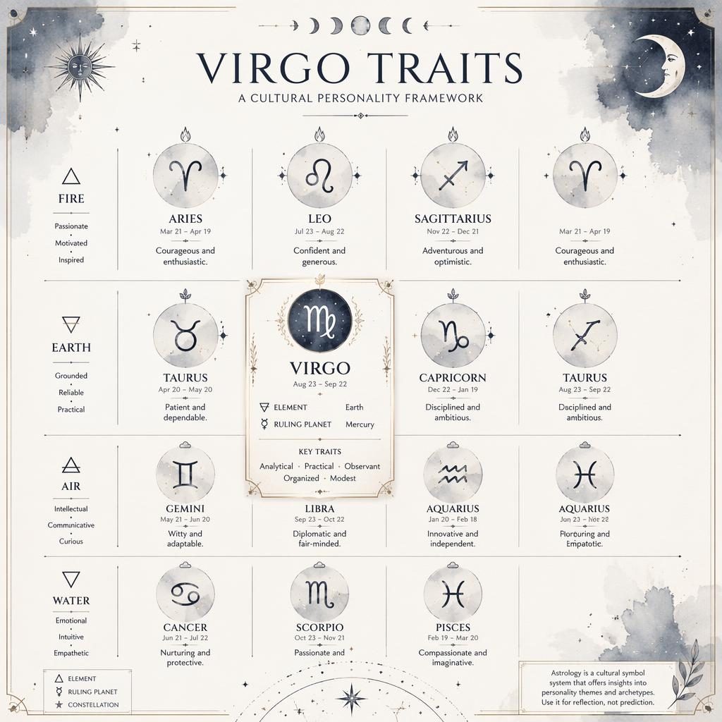 Minimal monochrome watercolor zodiac infographic with Virgo highlighted in a 12-sign elemental grid and celestial motifs.