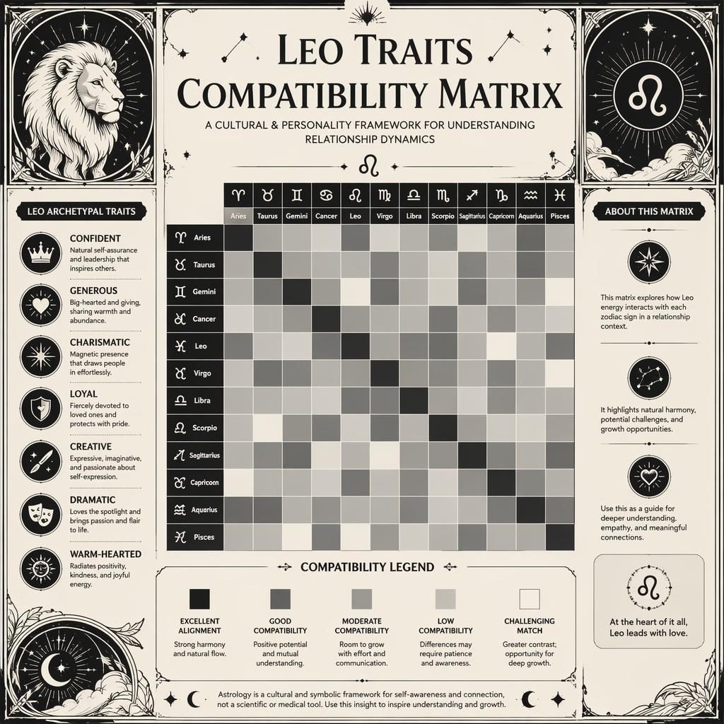 Leo zodiac compatibility matrix infographic with 12x12 heatmap, Art Nouveau celestial linework, and Leo trait callouts.