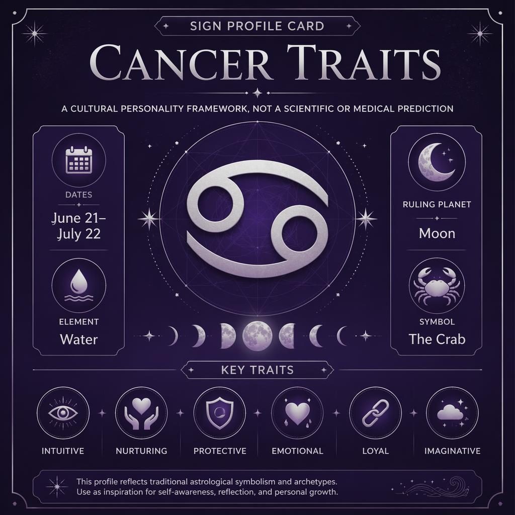 Cancer traits infographic with centered glyph, June 21–July 22, Water, Moon, and key traits in deep purple and silver.