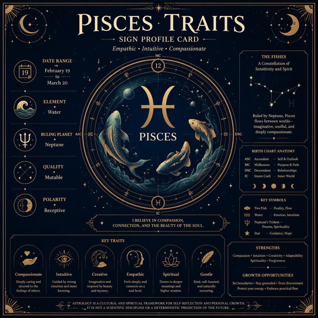 Vintage-style Pisces traits infographic with Pisces glyph, date range, element, ruling planet, and celestial chart motifs.