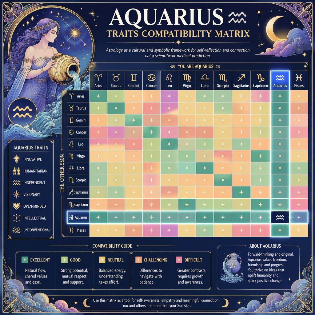 Infografía zodiacal art nouveau con matriz 12×12 de compatibilidad de Acuario, signos, leyenda en inglés y detalles celestes.