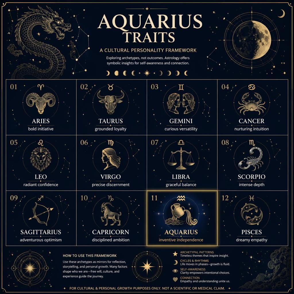Editorial zodiac infographic titled Aquarius Traits with a 12-sign grid, Aquarius highlighted, celestial charts, deep blue and gold.