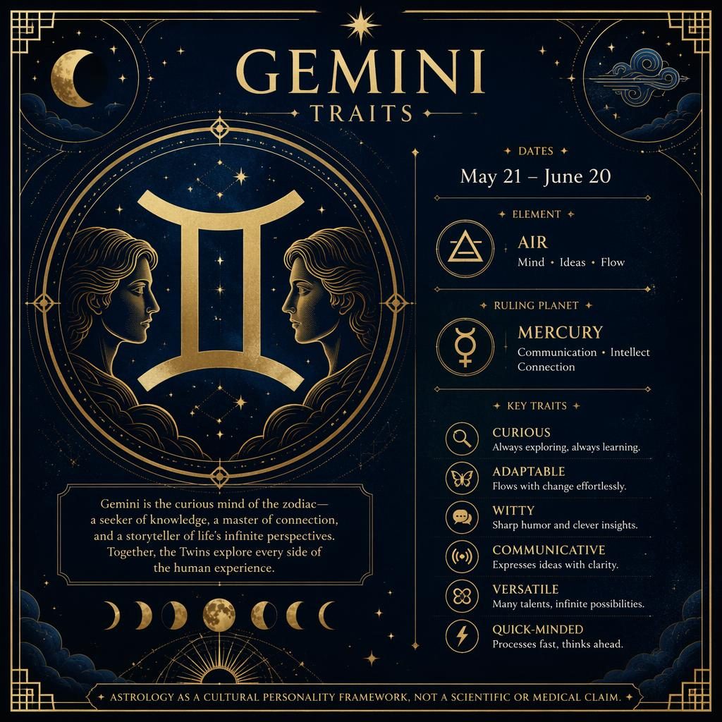 Art deco Gemini traits infographic in deep blue and gold with glyph, May 21–June 20, Air, Mercury, stars and moon phases.