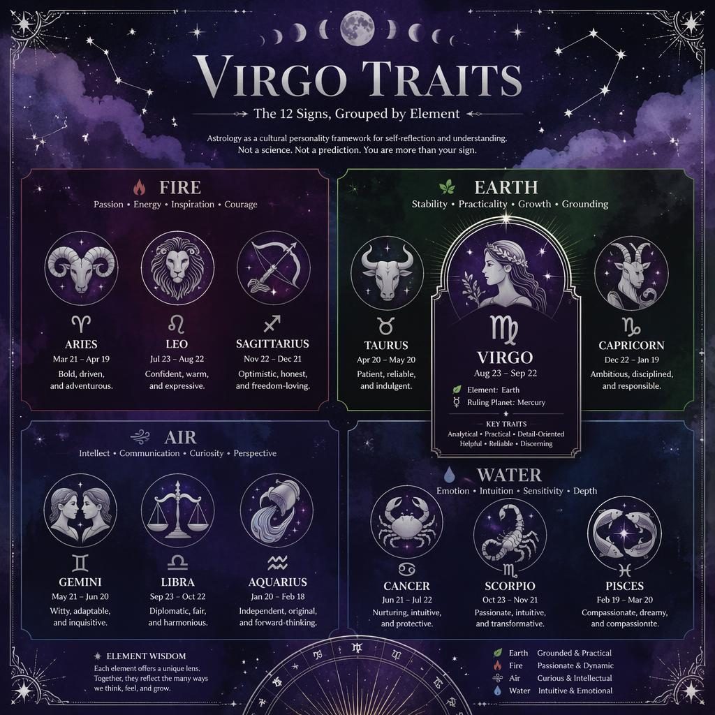 Celestial Virgo Traits infographic with Fire, Earth, Air, Water sections, Virgo highlighted, purple watercolor star maps.
