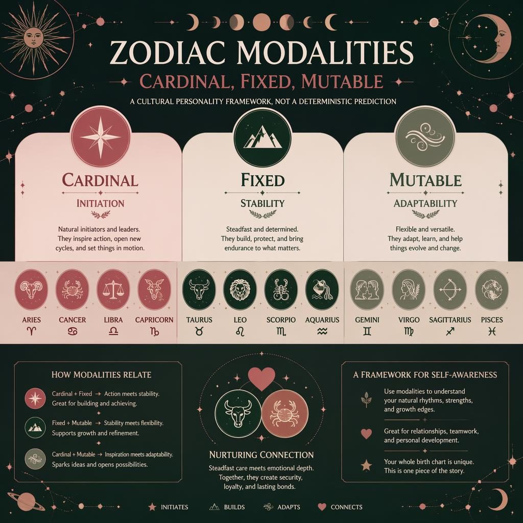 Infografía zodiacal minimalista con Cardinal, Fixed y Mutable, 12 signos agrupados, iconos celestes y paleta rosa bosque.