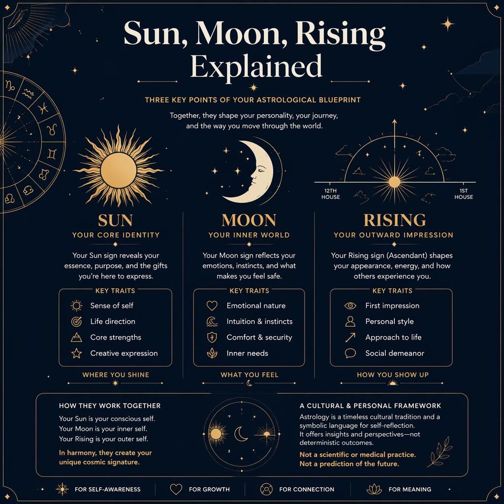Minimal celestial infographic explaining Sun, Moon, and Rising with zodiac wheel accents, deep blue and gold details.