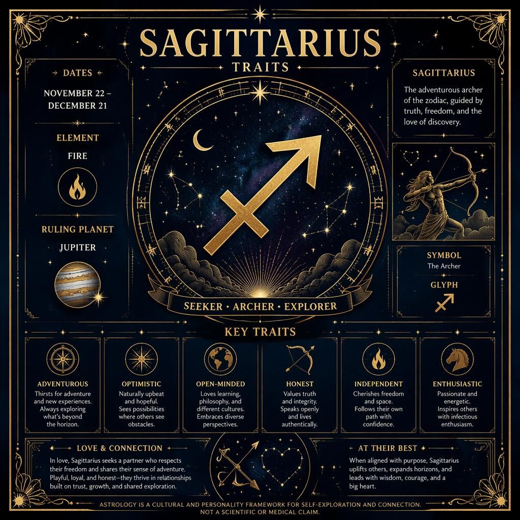 Vintage-style Sagittarius traits infographic with centered glyph, Jupiter, dates, key traits, stars, zodiac accents.