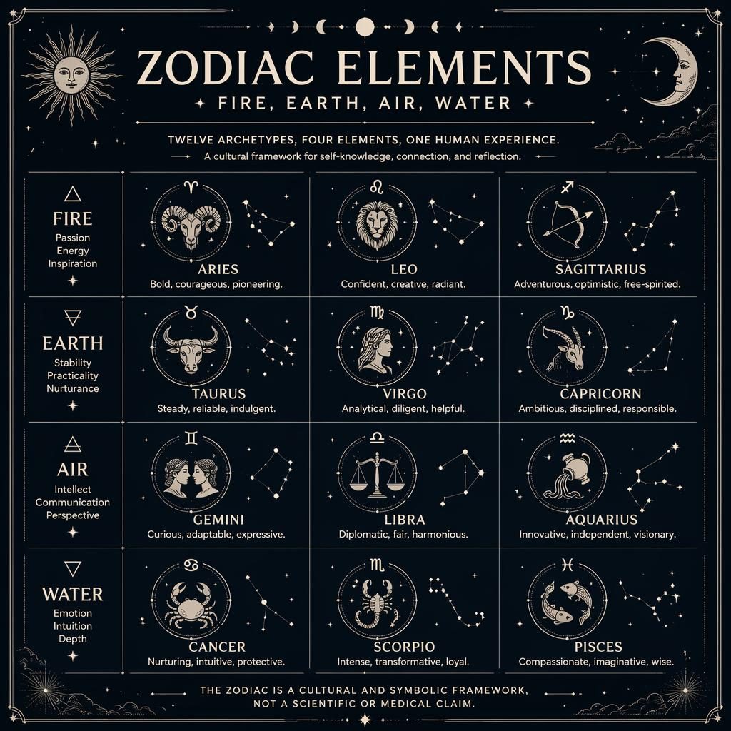 Editorial zodiac grid infographic with 12 signs grouped by fire, earth, air, and water in a monochrome celestial layout.