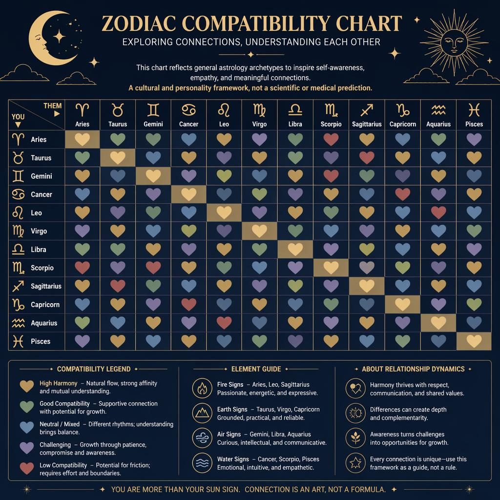 Minimal zodiac compatibility chart infographic with a 12x12 heatmap, zodiac icons, English labels, and deep blue gold celestial details.