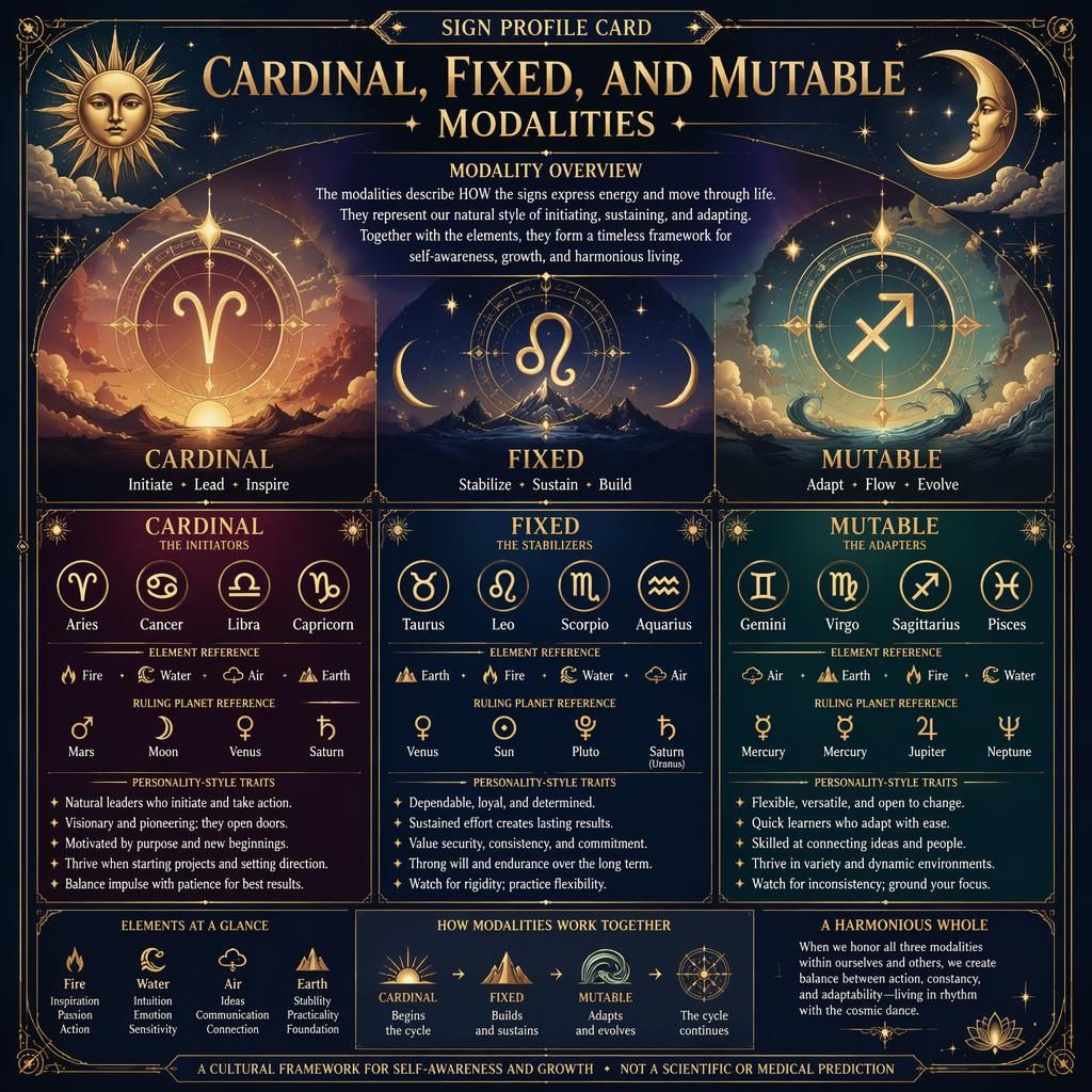 Art deco zodiac infographic showing Cardinal, Fixed, and Mutable modalities with signs, glyphs, star charts, moons, and gold borders.