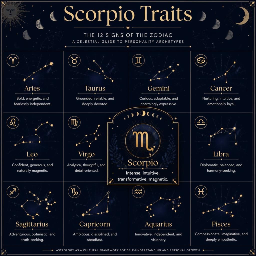 Editorial zodiac grid infographic of 12 signs with Scorpio highlighted, deep blue and gold celestial motifs, glyphs, star maps.