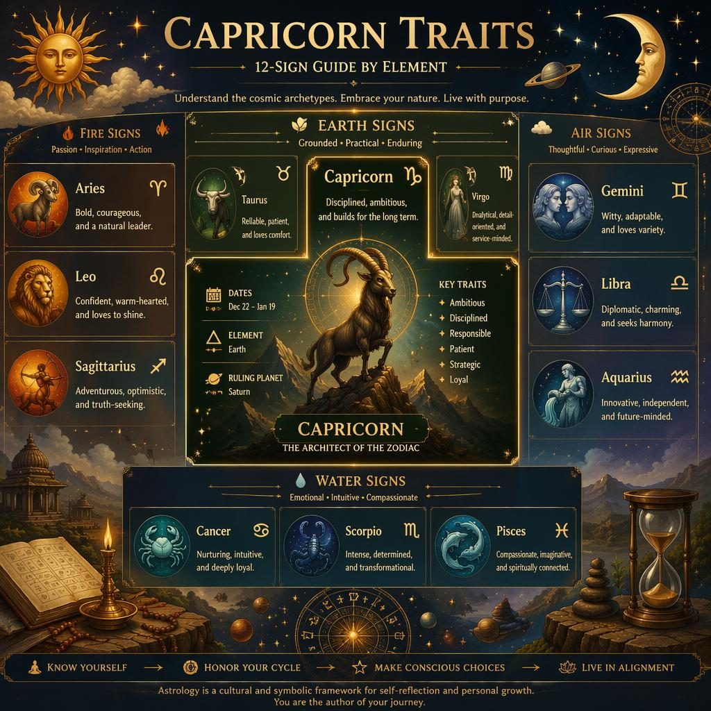Watercolor zodiac infographic titled Capricorn Traits, showing a 12-sign grid by elements with Capricorn highlighted in Earth.