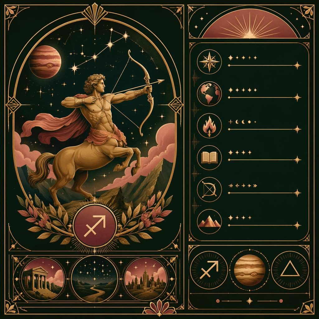 Zodiac infographic about: sagittarius traits. Archetype: sign profile card. Style: art deco gold, rose and forest palett