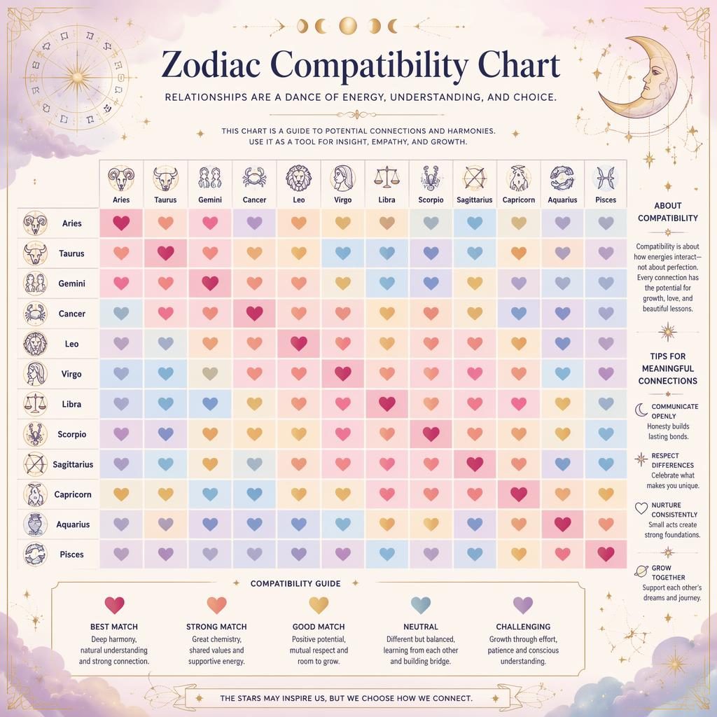 Pastel celestial 12x12 zodiac compatibility chart infographic with all signs, legend, glyphs, stars, moon phases, and gold accents
