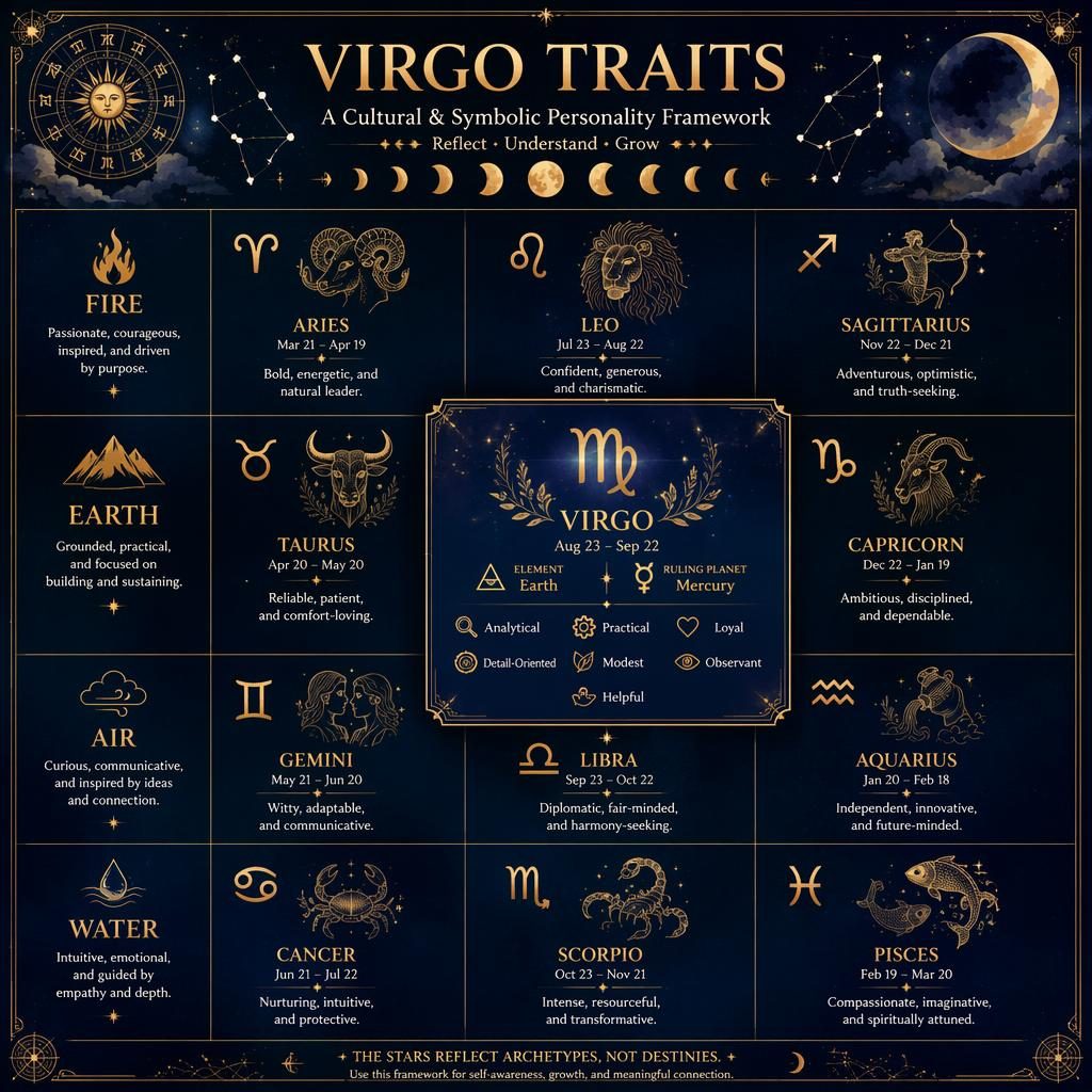 Virgo Traits zodiac infographic with 12-sign grid by element, Virgo highlighted in Earth, midnight blue and gold celestial art.