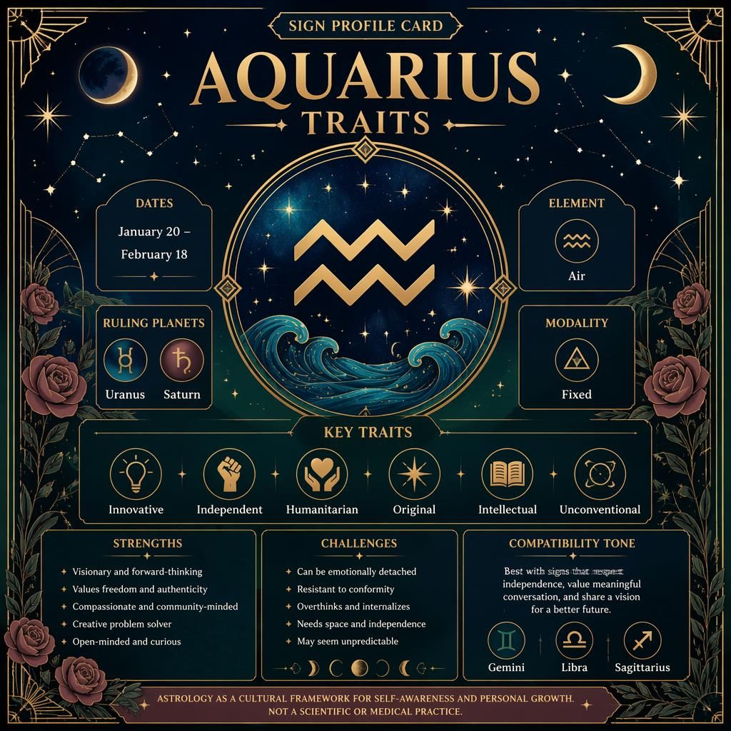 Art deco Aquarius traits infographic with gold glyph, dates, Uranus and Saturn, deep blue, rose, forest, stars and moon.