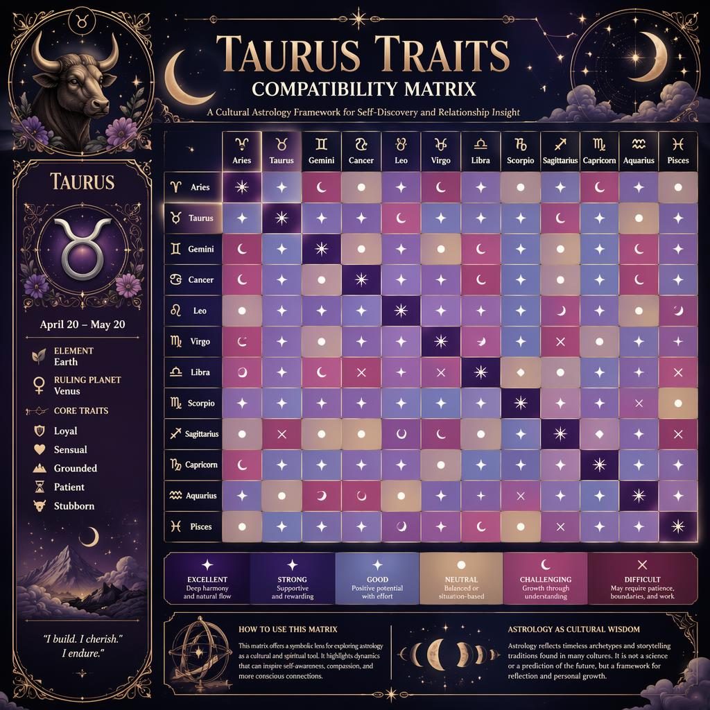 Art Nouveau zodiac compatibility matrix centered on Taurus with celestial motifs, deep purple, silver, and profile inset.