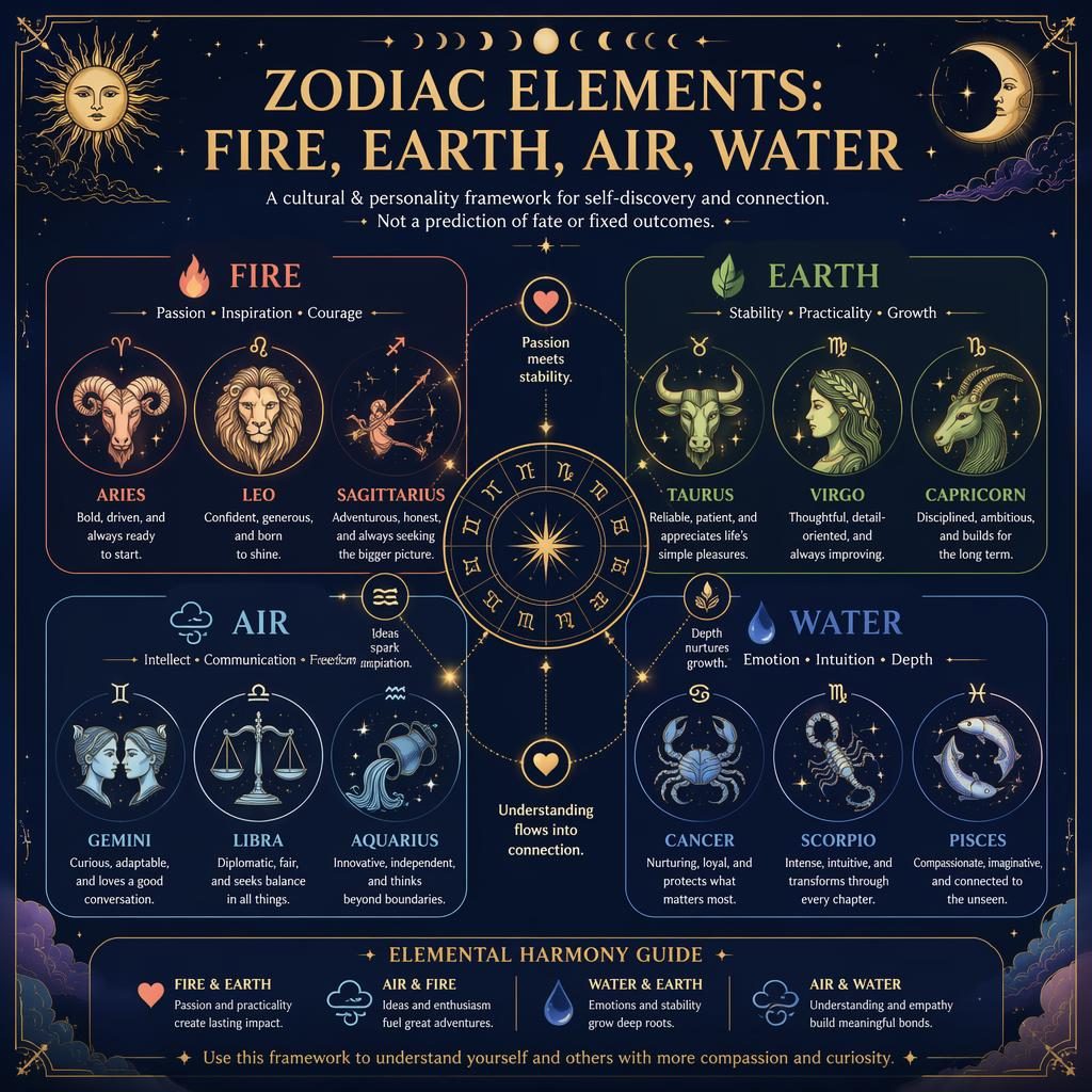 Infografía zodiacal en cuadrícula de 12 signos con elementos fuego, tierra, aire y agua en azul noche y dorado.
