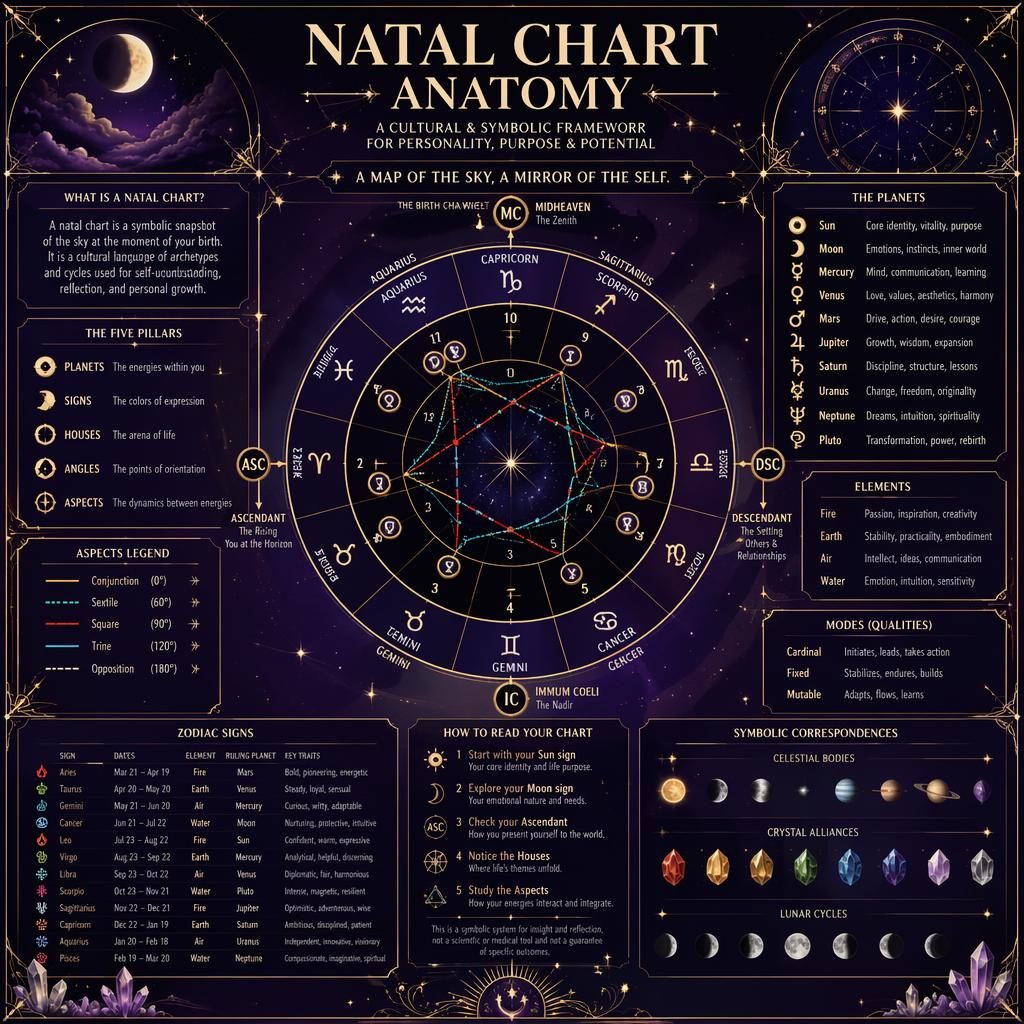 Art deco zodiac infographic with natal chart wheel, planets, houses, signs, aspects, and celestial motifs in purple, silver, and gold.