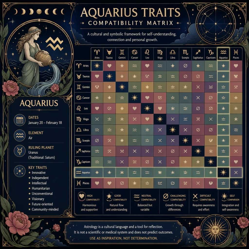 Art Nouveau Aquarius zodiac compatibility heatmap with 12 signs, hero glyph, side traits panel, celestial blue-gold design