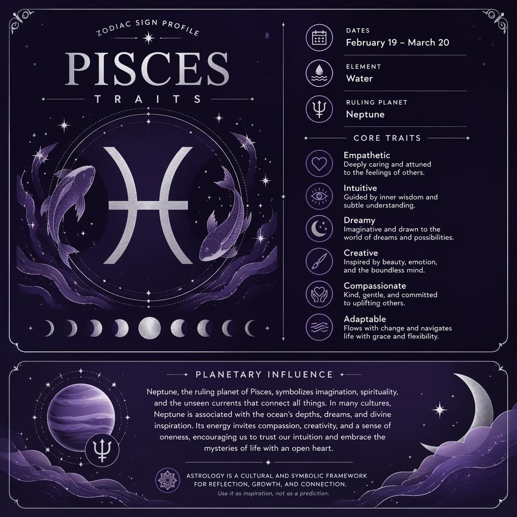 Pisces traits zodiac infographic with Pisces glyph, February 19–March 20, Water, Neptune, stars, moon phases, purple palette.